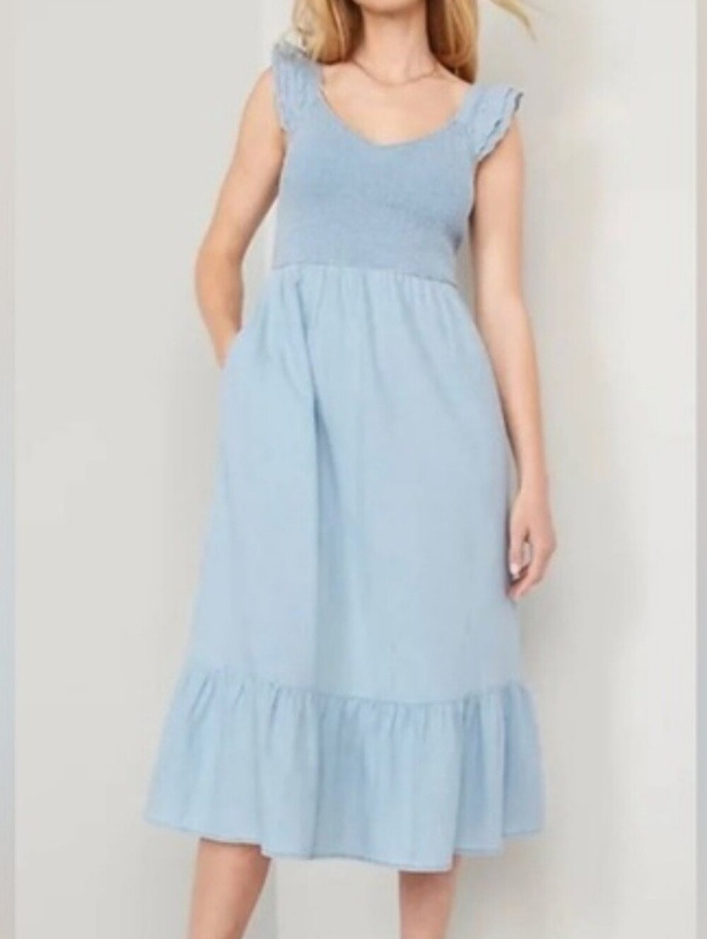 Old Navy Fit &Flare Chambray Jean Smocked Midi Dress Coastal Cowgirl Cottagecore